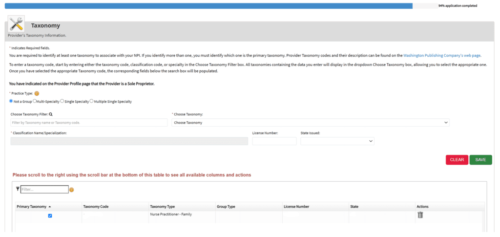 NPI Application Taxonomy page