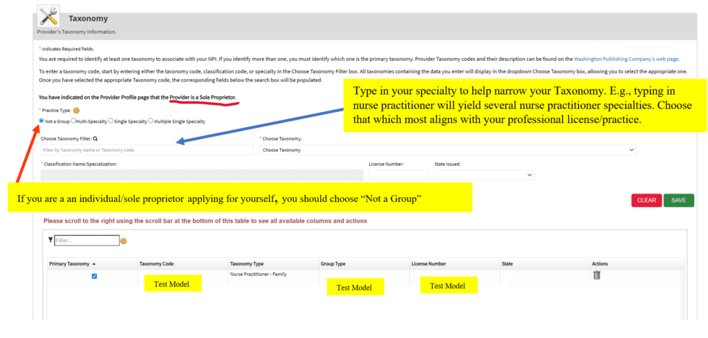 NPI Application Taxonomy page