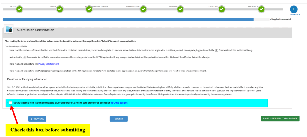 NPI application certification page