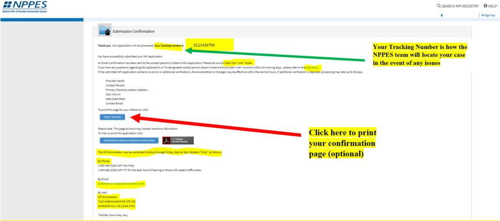 NPI application submission confirmation page