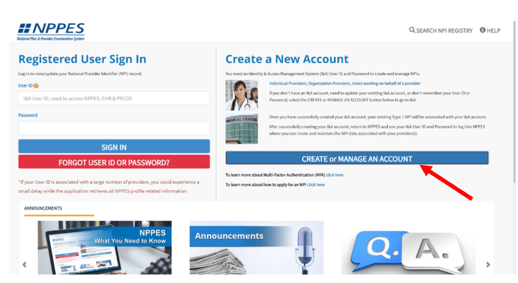 NPPES home page for creating an account