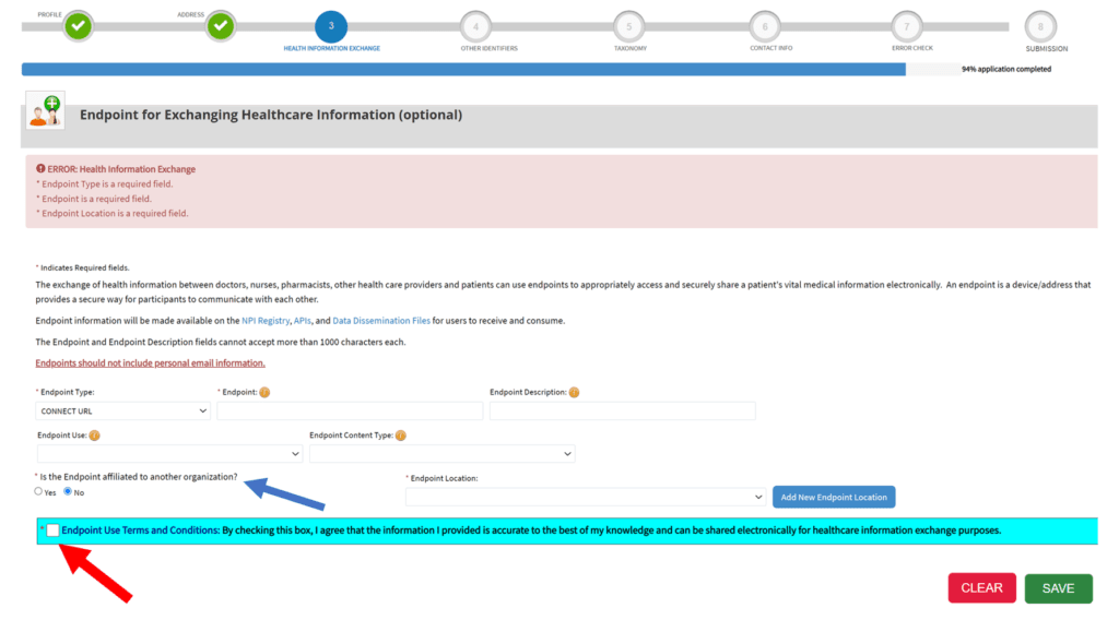 NPI application health Information Exchange page