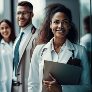 Young professionals wearing white lab coat smiling