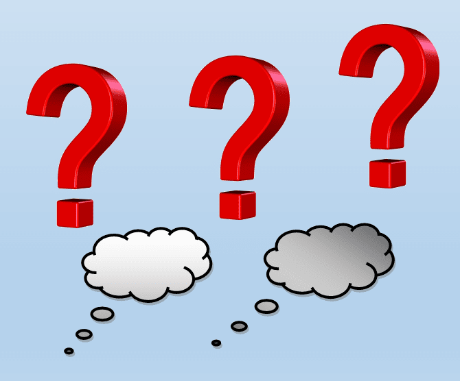 Question mark in red with thinking cloud