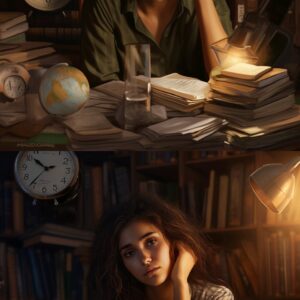 two ladies surrounded by books, studying, tired but determined